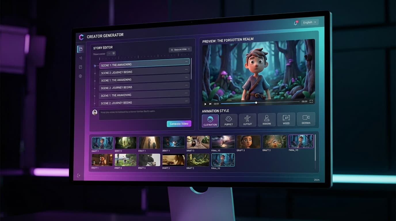 Creator Stack — Video sinematik, cerita animasi, shorts naratif — semua dari satu desktop. Nggak perlu buka tab Premiere Pro.