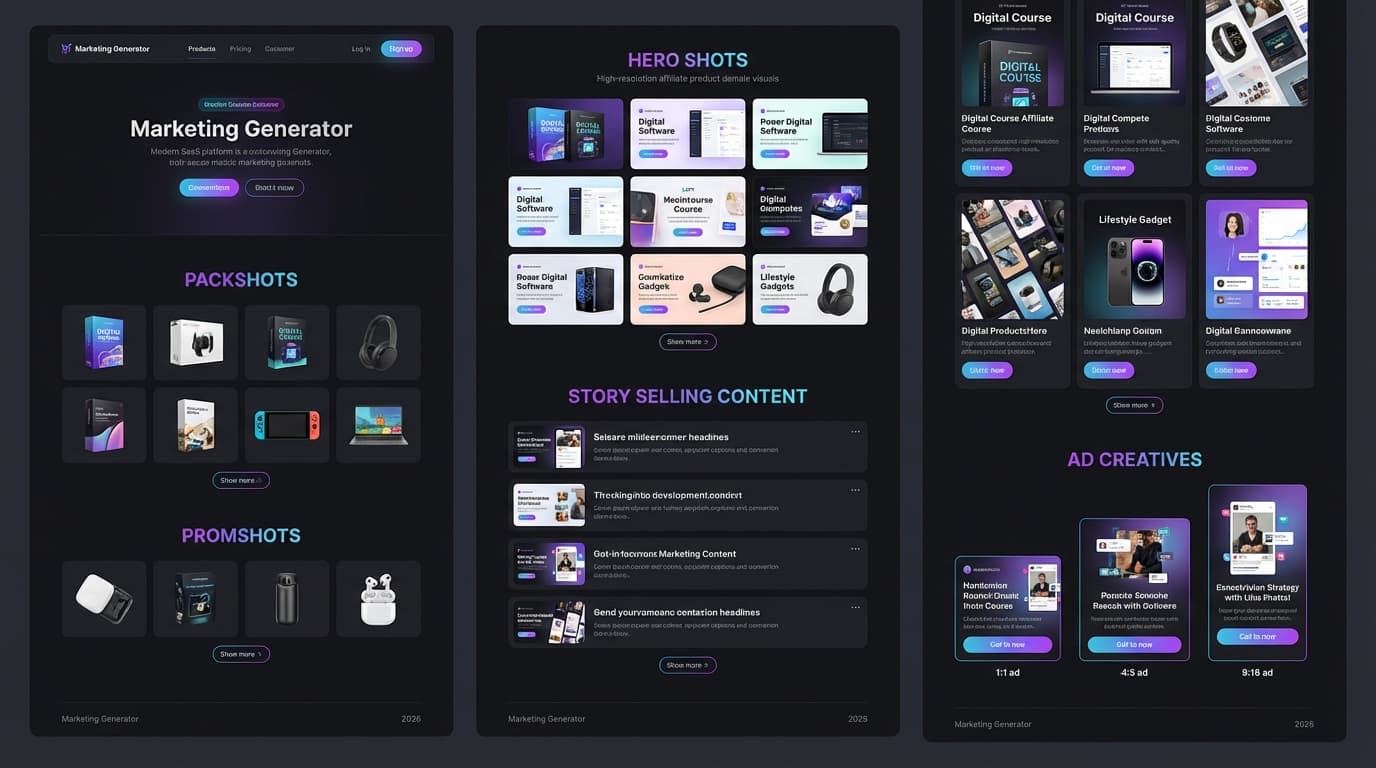 Marketing Stack — Visual affiliate, kreatif iklan, story selling — konten yang dirancang buat konversi, bukan cuma cantik.